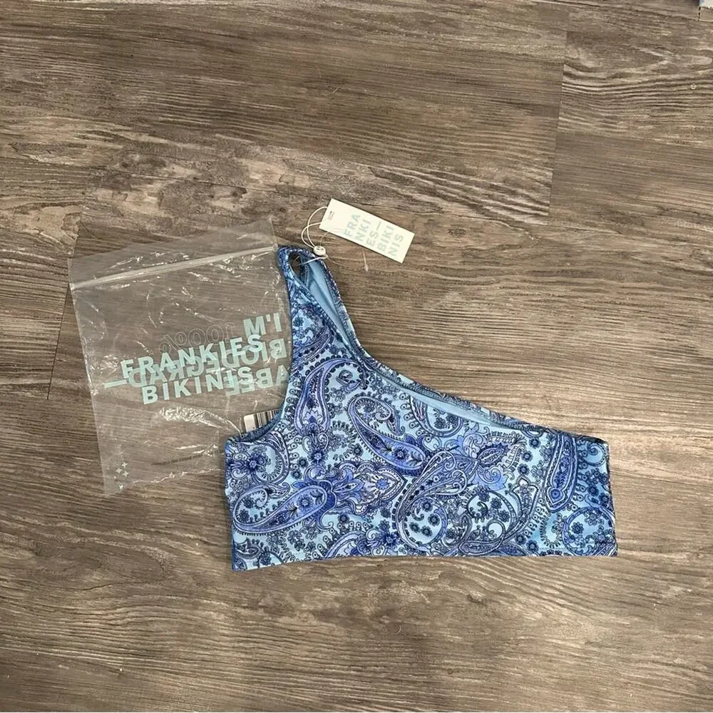 Frankie’s Bikinis Barb Paisley One Shoulder Blue Bikini Swim Top
